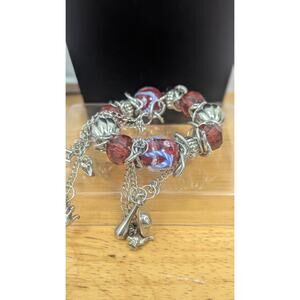 Hand Blown Murano Glass Bead Bracelet Red Silver Tone Chains & Charms Adjustable
